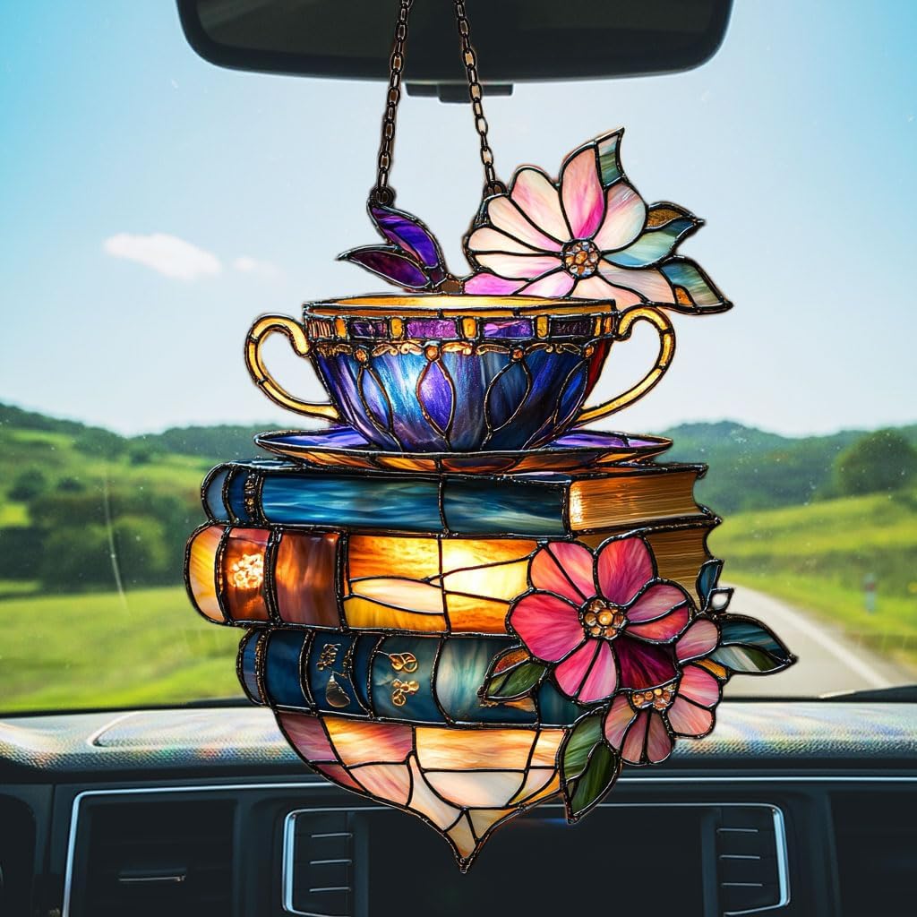 Floral Coffee Cup and Books Acrylic Suncatcher Stained Glass Effect Window Car Hanging Christmas