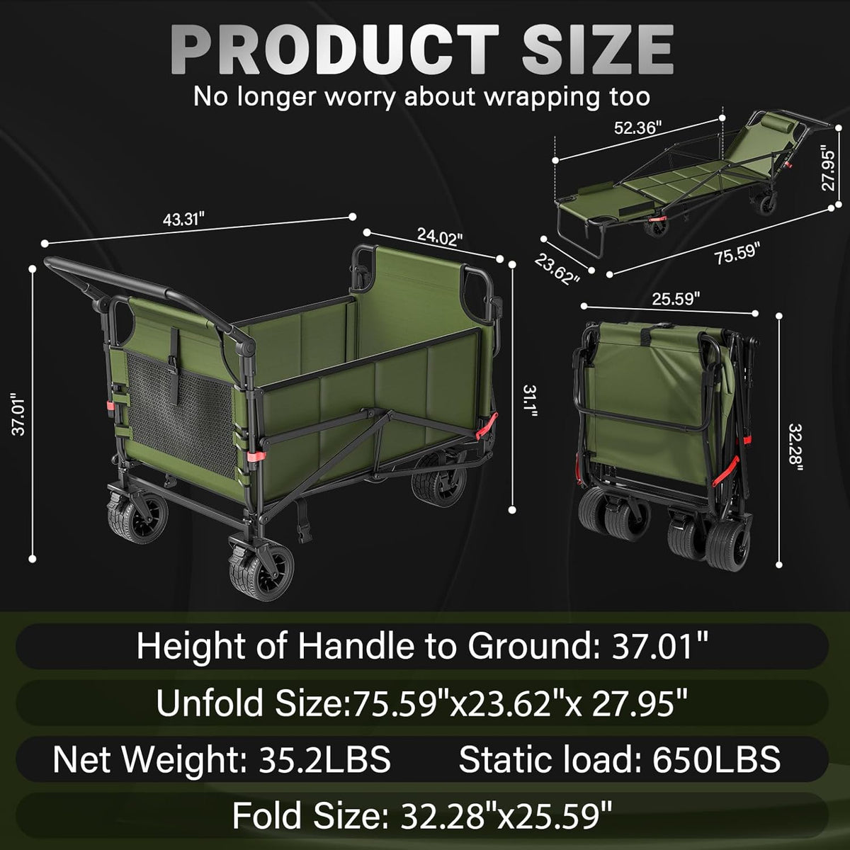 LEVELEVE Heavy Duty Folding Wagon - 2-in-1 Collapsible Cart, 650lb Capacity, All-Terrain Wheels