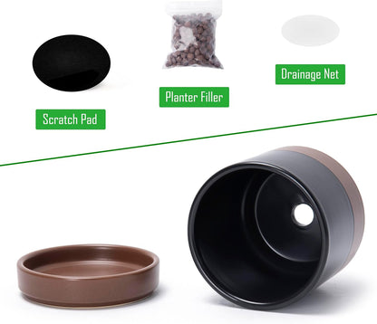 D'vine Dev 4.7 Inch Ceramic Planter Pot with Drainage Hole and Saucer, Indoor Cylinder Round