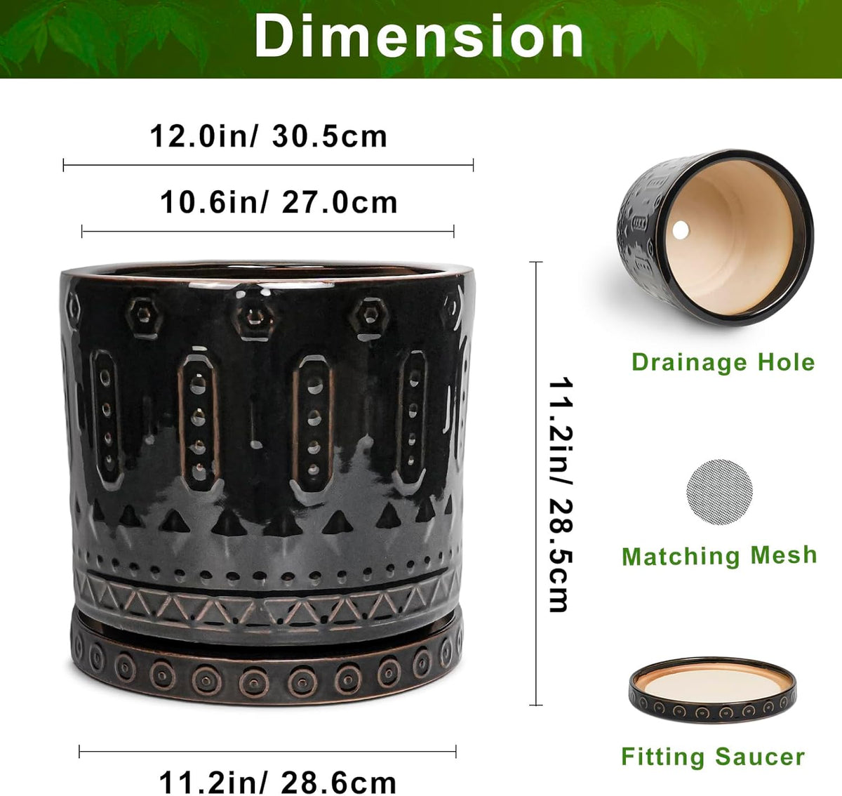 Ceramic Pots for Plants - 12 Inch Large Planter with Drainage Hole and Saucer, Ceramic Flower Pots