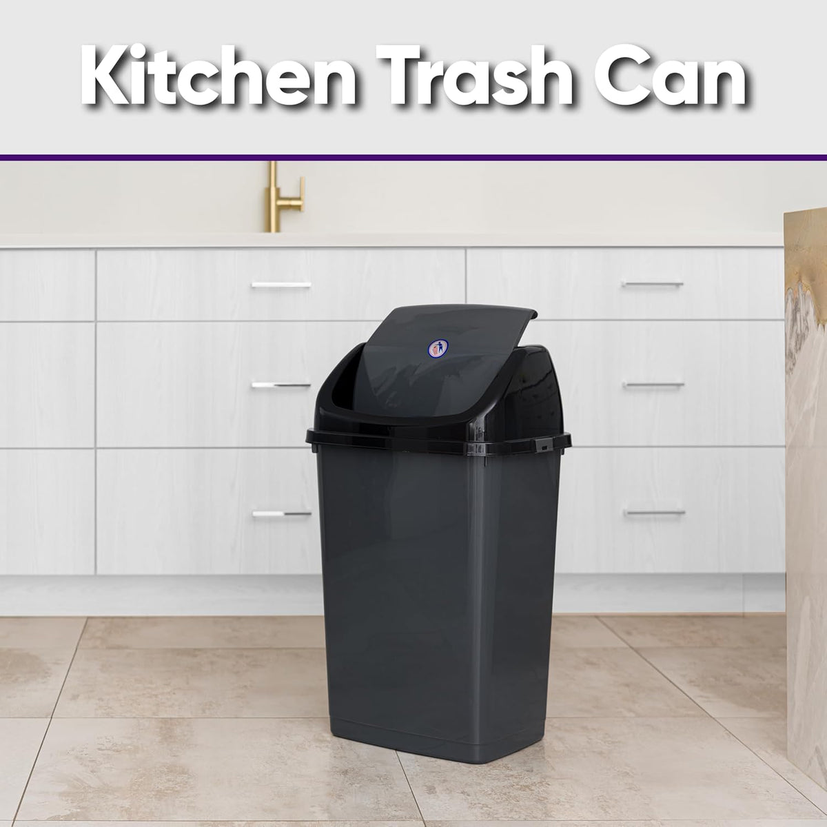 Superio 13 Gallon Plastic Swing Lid Trash Can, Grey/Black 2 Pack, Ideal for Home, Office, Garage