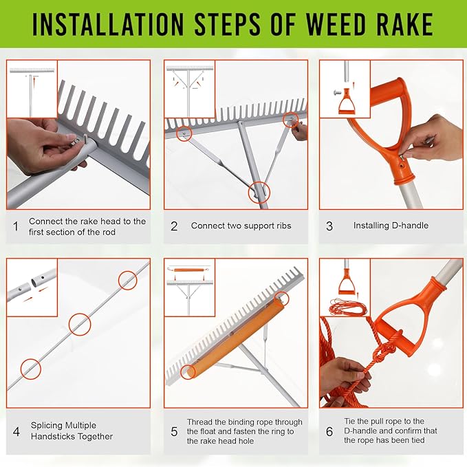 Floating Weed Lake Rake, 36 Inch Widths Pond Rake Aquatic Weed Rake, 133 Inch Extensible