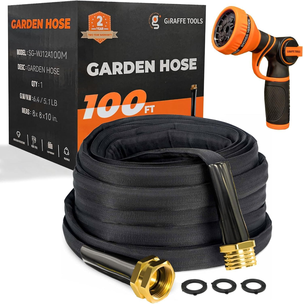 Giraffe Tools Garden Hose 100FT Lightweight Lay Flat Water Hose Kink Free Flexible Hose with 9