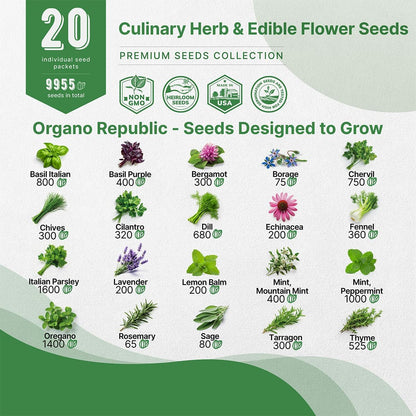 20 Culinary Herbs & Edible Flower Seed Variety Pack for Planting Indoor & Outdoors. 9500+ Non-GMO