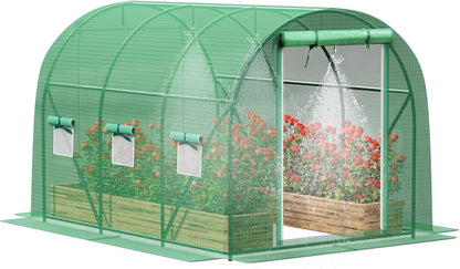 Greenhouse with Watering System, 10x7x7 Outdoor Greenhouse with 6 Mesh Windows and 1 Door, Easy