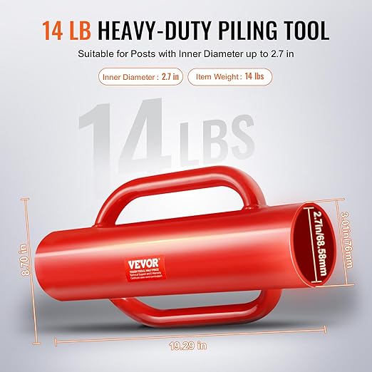 VEVOR Fence Post Driver with Handles, 2.7 in Inner Diameter T Post Pole Pounder, 14LB Heavy Duty