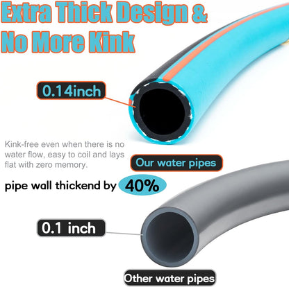 Upgraded Kink Free Hybrid Garden Hose 100ft 5/8", Thickened Heavy Duty Water Hose with Brass Solid