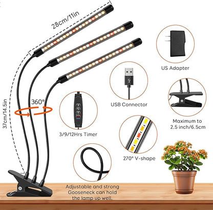 3 Heads Plant Lights for Indoor Growing, 2 Pack Grow Lights for Seed Starting, Full Spectrum Clip