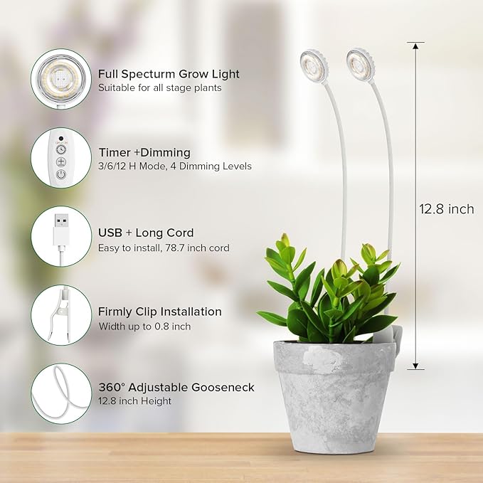 Clip-On Grow Lights for Indoor Plants, 2-in-1 LED Grow Lamp,4000K Sunlike Full Spectrum Plant