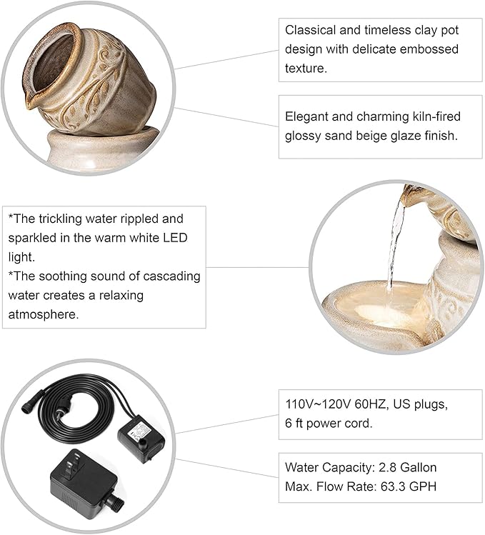 Glitzhome 27.25" H Outdoor Garden Water Fountain with LED Lights and Pump, 4 Tier Sand Beige