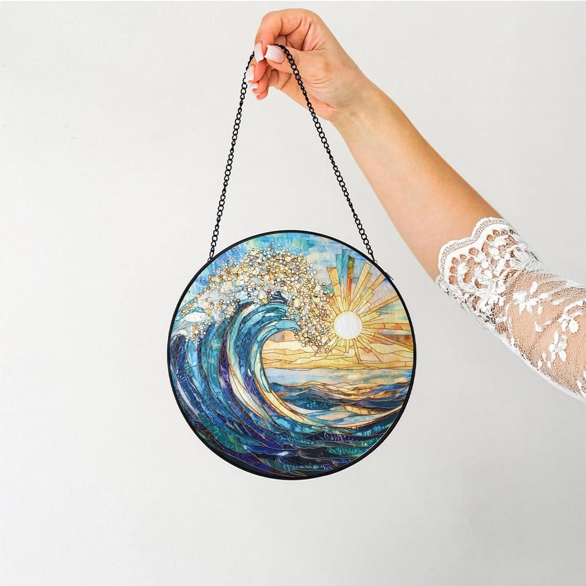 The Ocean Waves and The Sunrise Suncatcher -7.9 in Stained Glass Window Hanging Sun Catcher Garden