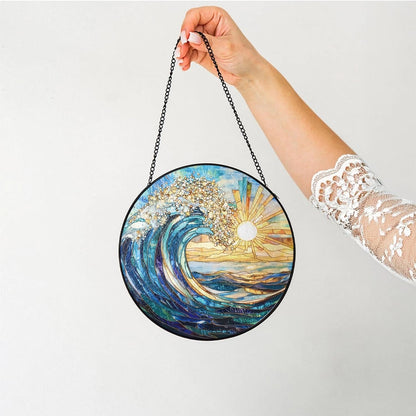 The Ocean Waves and The Sunrise Suncatcher -7.9 in Stained Glass Window Hanging Sun Catcher Garden
