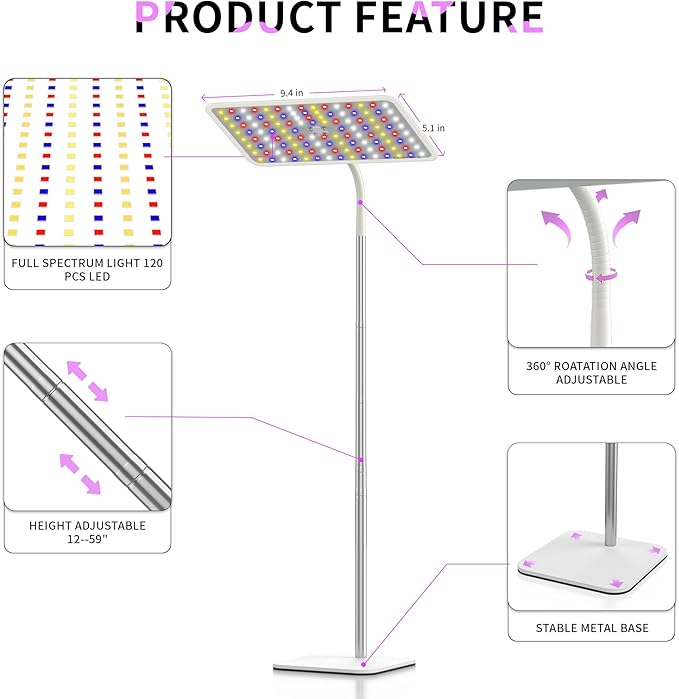 BESTVA 18W Grow Lights for Indoor Plants with Stand, Full Spectrum LED Plant Light for Indoor