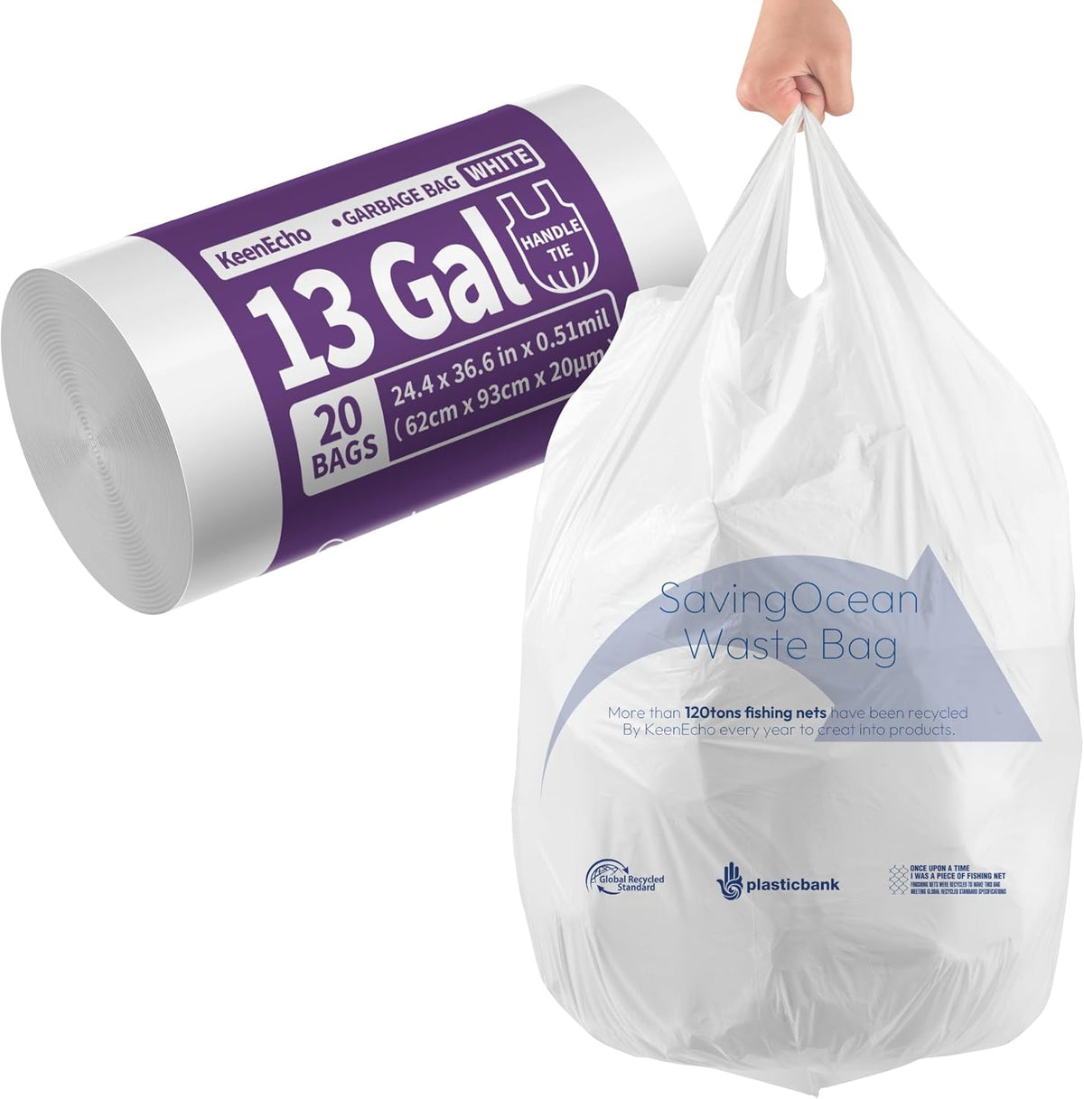 Small Trash Bags with Handles 13 Gallon 20 Count White - Ocean Plastic Upcycling - Plastic Garbage