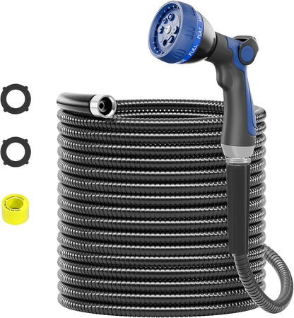SPECILITE 25ft 304 Stainless Steel Garden Hose Metal, Heavy Duty Water Pipe with Nozzles for Yard