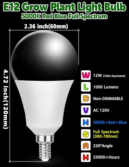 Grow LED Light Bulbs Full Spectrum, E12 12W Small Candelabra Sun Plant Bulbs 100w Equivalent