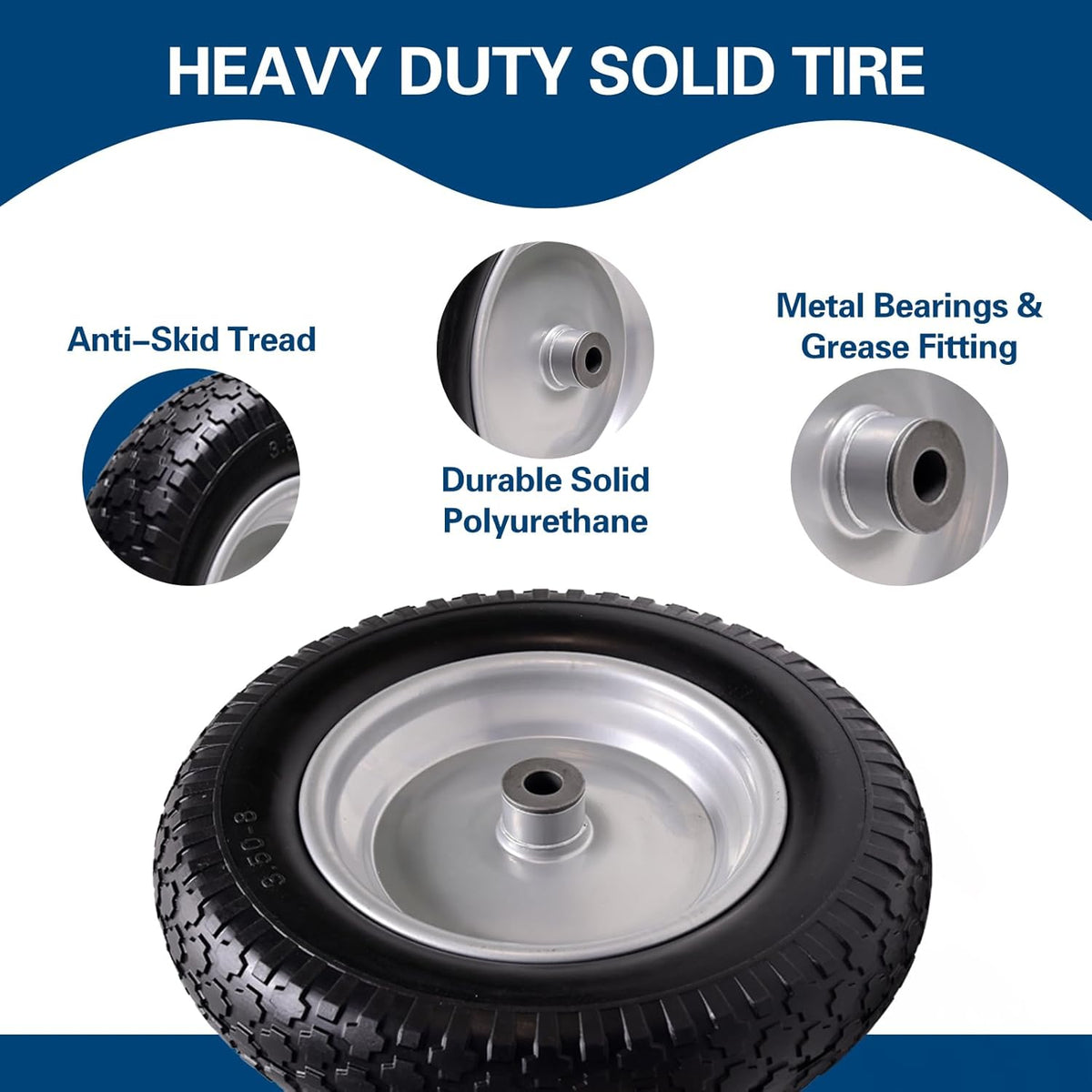 4.80/4.00-8 Tire, 14.5" Flat Free Wheelbarrow Tire and Wheel, 5/8" 3/4" Bearings Solid Replacement