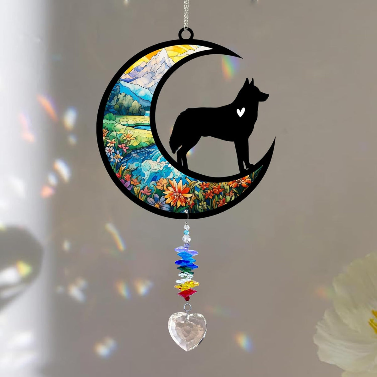 Husky Suncatcher, Personalized Pet Loss Gift with Name & Date, Heart-Shaped Crystal Sun Catcher