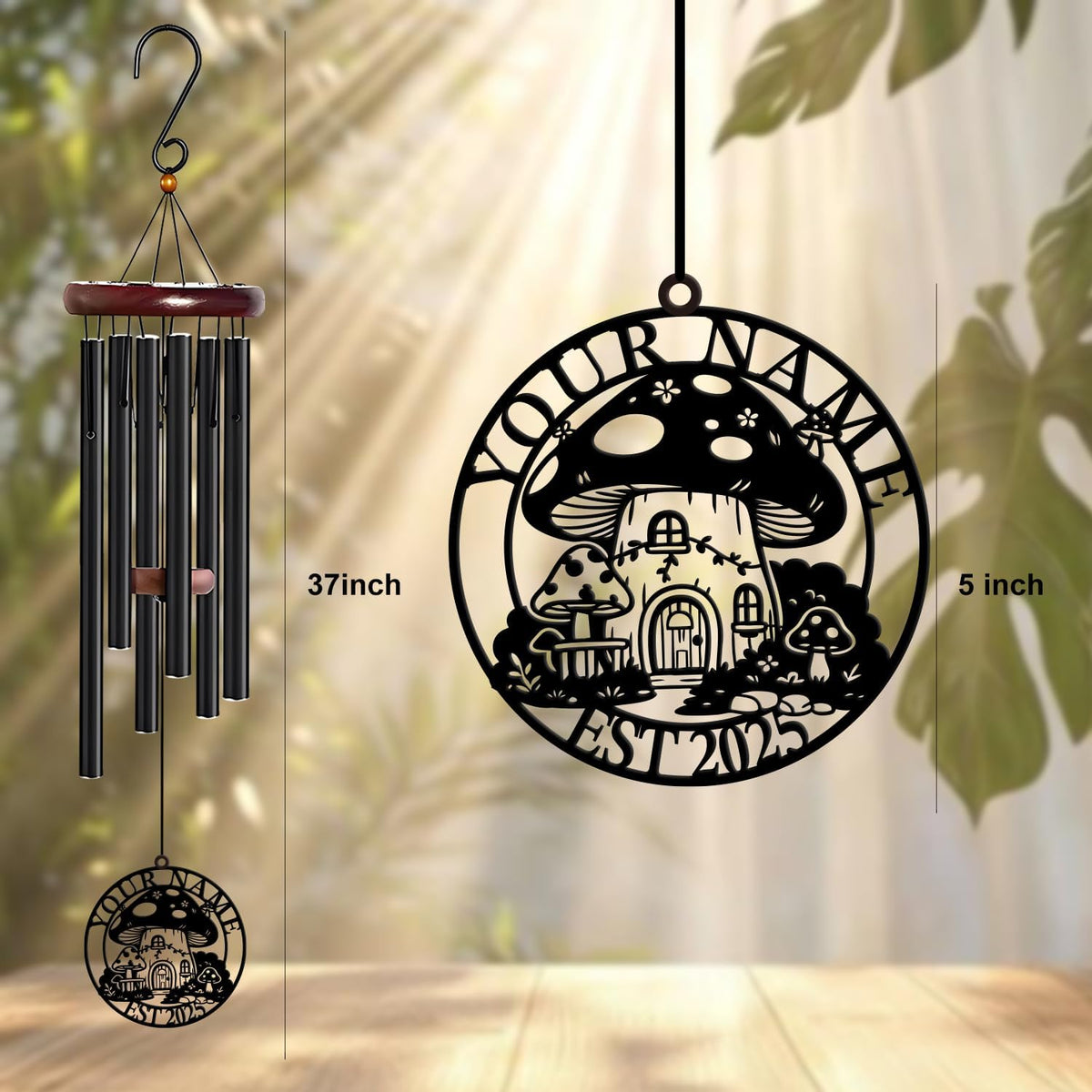 Personalized Customize Name Fantasy Mushroom Wonderland Wind Chime, Metal Iron 37 Inch Outdoor