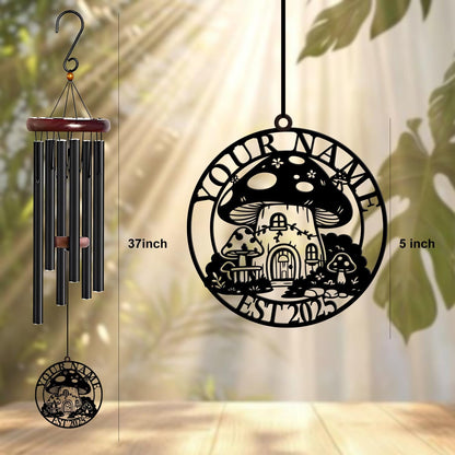 Personalized Customize Name Fantasy Mushroom Wonderland Wind Chime, Metal Iron 37 Inch Outdoor