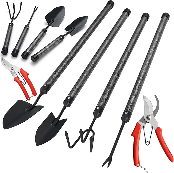 Garden Tools Set with Extension Handles, 5 Piece Thick Gardening Hand Tools, Heavy Duty Steel