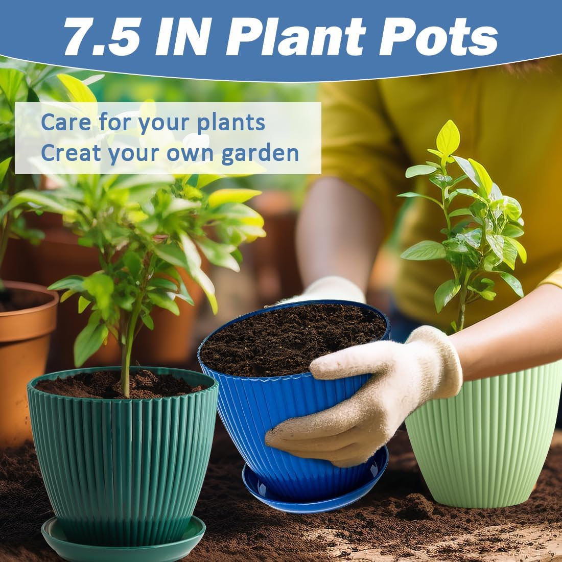 Plastic Plant Pots, 6 Pack 7.5 Inch Flower Pots with Drainage Holes and Saucer, Planters for Indoor