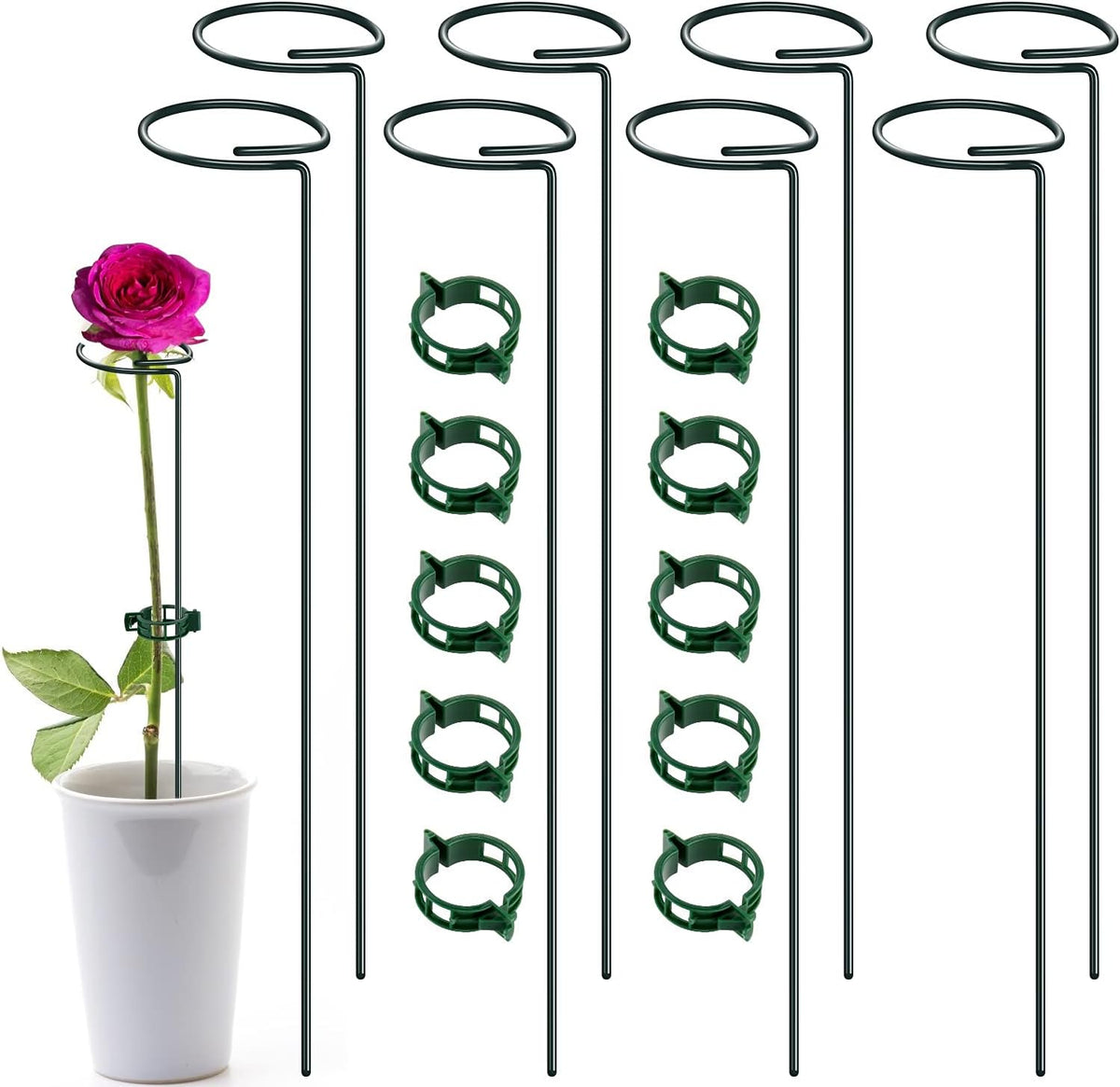 Green Metal Plants Support Stakes (Pack of 8), Garden Single Stem Plant Support Rod and Ring with
