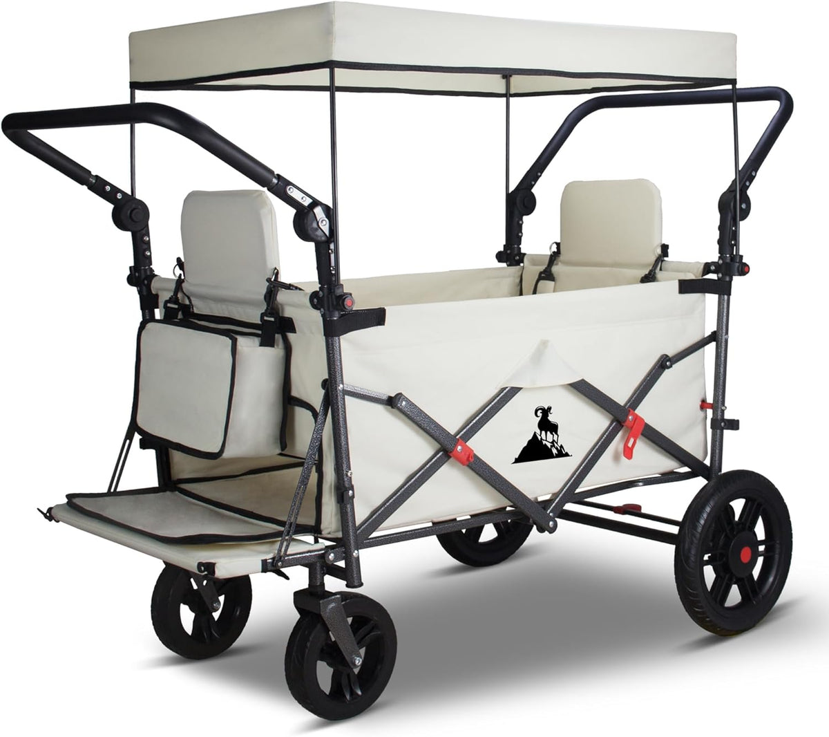 Foldable Wagon with Canopy - Collapsible Utility Cart with 2 Seats & Belts, Adjustable Handle