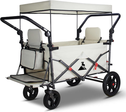 Foldable Wagon with Canopy - Collapsible Utility Cart with 2 Seats & Belts, Adjustable Handle