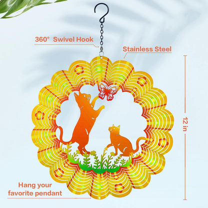 Cat Wind Spinners Cat Gifts for Women/Men 12 inch 3D Stainless Steel Hanging Wind Spinner Metal