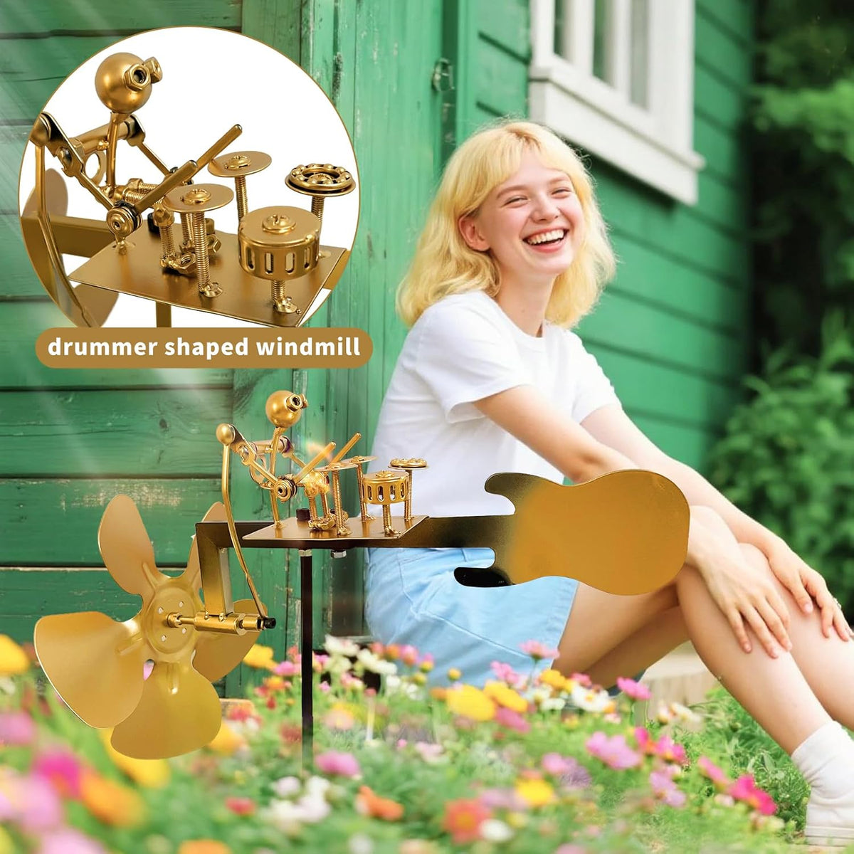 Handmade Metal Drummer Windmill, Rock Art Sculptures, Wind-Powered Kinetic Figurines, Wind Spinners