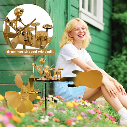 Handmade Metal Drummer Windmill, Rock Art Sculptures, Wind-Powered Kinetic Figurines, Wind Spinners