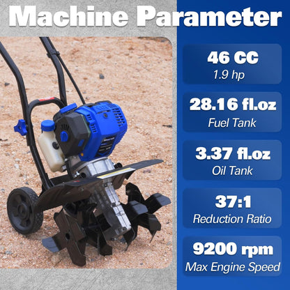 BILT HARD 46cc 4-Cycle 1.9HP Gas Powered Tiller Cultivator - 16" Heavy-Duty Steel Tines Rototiller