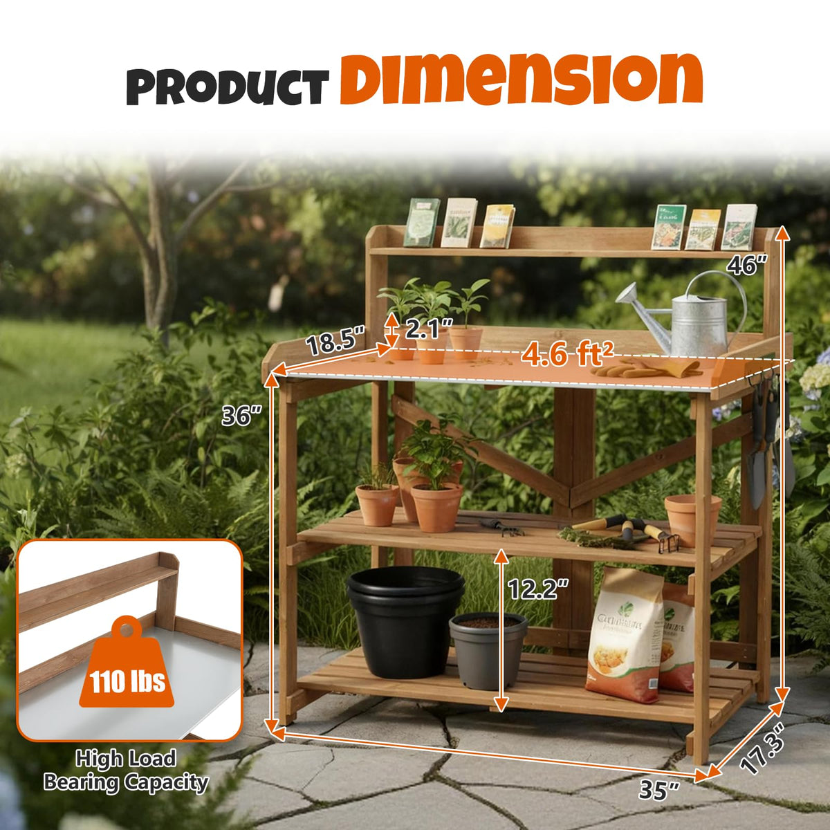 Outdoor Potting Bench Table, Indoor Wooden Work Station with Metal Table Top, Metal Hooks, Large