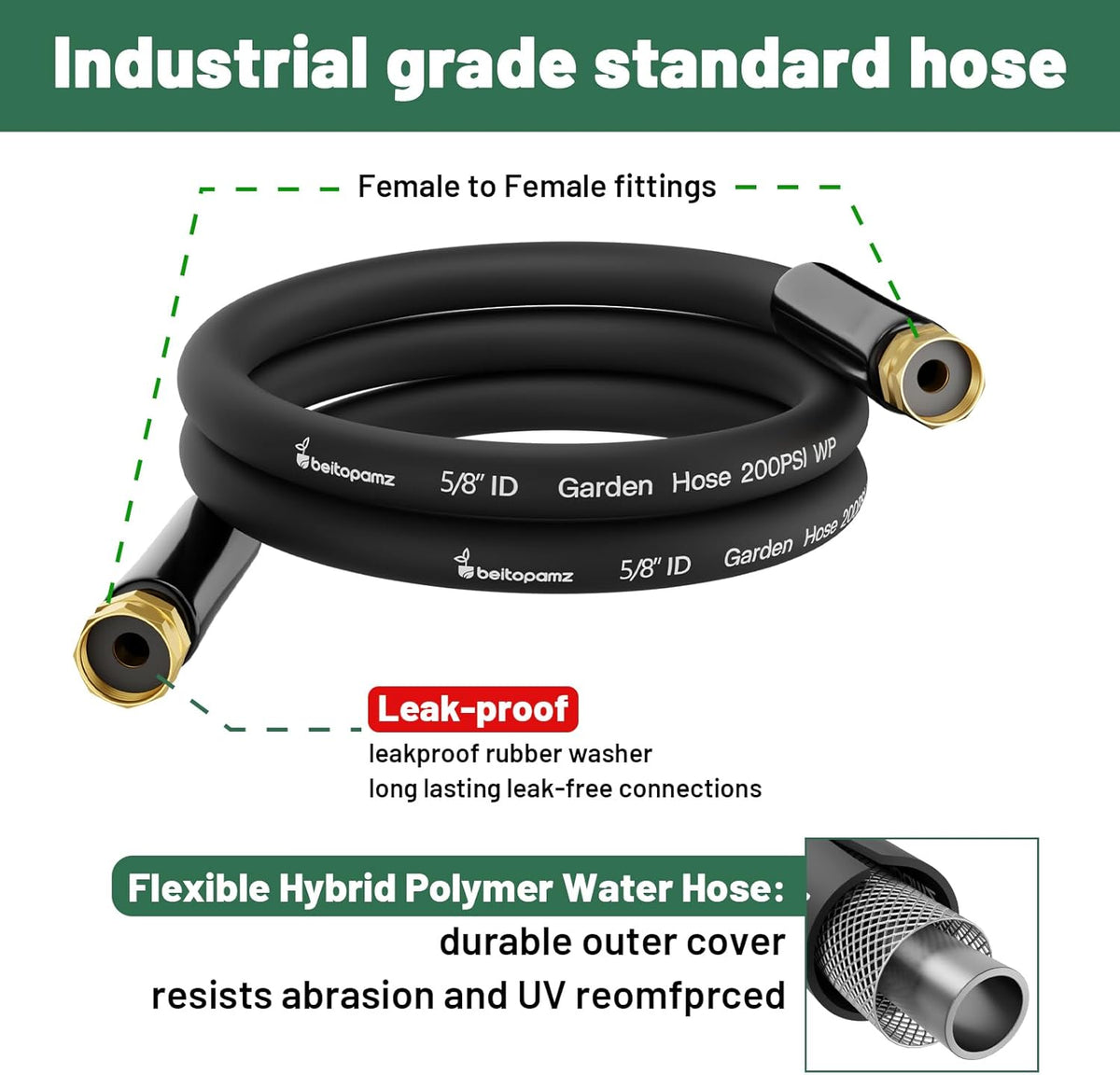 Short Garden Hose 10 ft x 5/8" Female to Female Hose Adapter, Heavy Duty Small Water Hose Extend