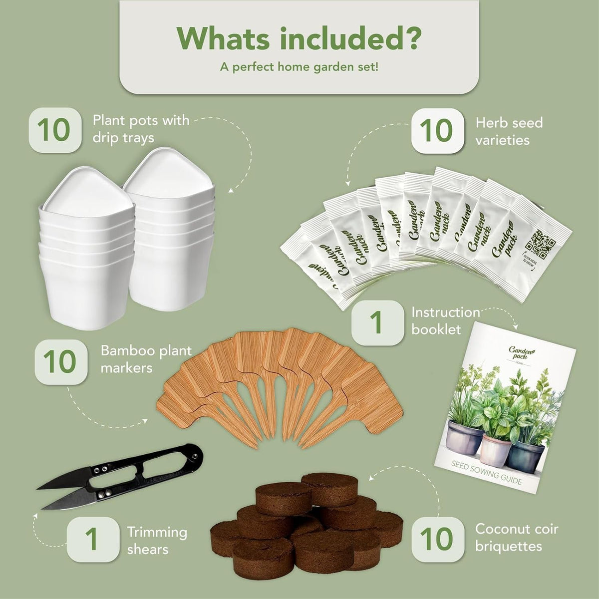 Garden Pack 10 Herb Indoor Window Herb Garden - Includes Pots, Trays, and Compressed Soil for Easy