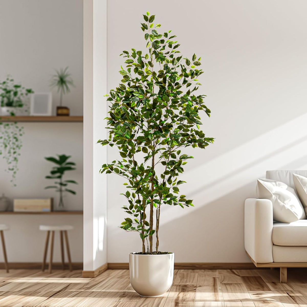 Artificial Ficus Tree Indoor 7ft, Large Potted Faux Tree with Realistic Silk Leaves & Trunk for