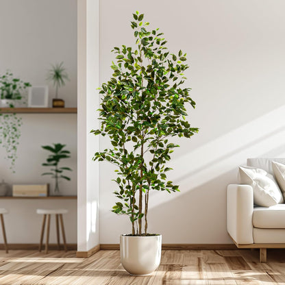 Artificial Ficus Tree Indoor 7ft, Large Potted Faux Tree with Realistic Silk Leaves & Trunk for