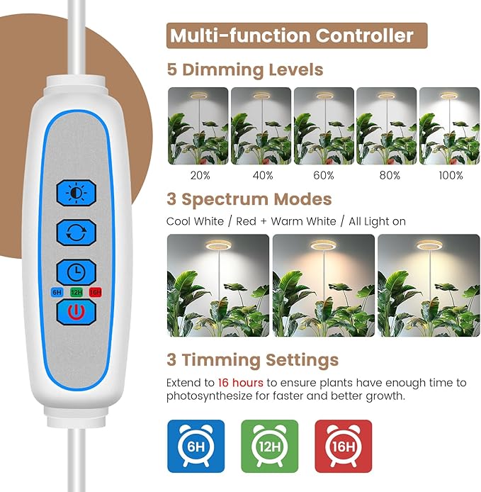 Grow Lights for Indoor Plants, Full Spectrum Plant Grow Light with 6/12/16H Timer, 3 Color Modes, 5