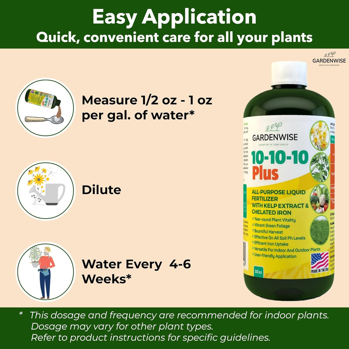 10-10-10 All Purpose Plant Food - Liquid Fertilizer with Seaweed Kelp & Iron - Indoor & Outdoor