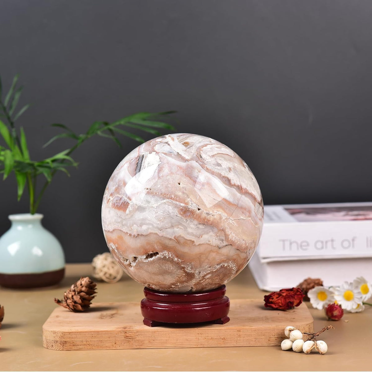 JIC Gem Extra Large Pink Agate Crystal Sphere,Decorative Crystal Ball Pink Gemstone Sphere for