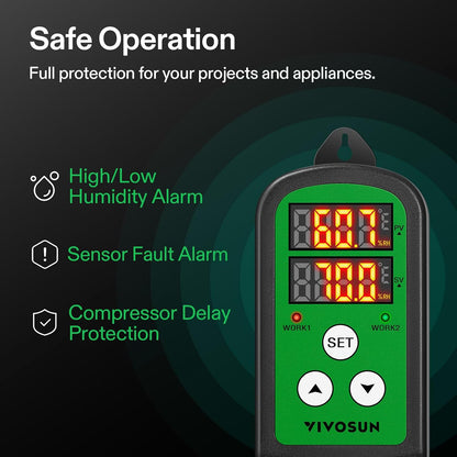 VIVOSUN Humidity Controller, 1200W Dual-Stage Outlet, Pre-Wired Digital Humidistat with Dual LED