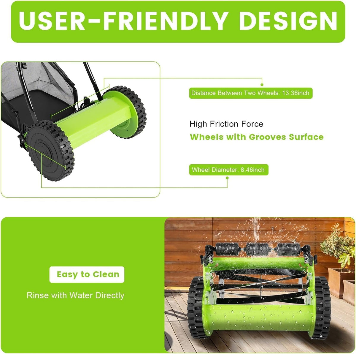 12 Inch Manual Push Reel Lawn Mower with Adjustable Mowing Height, 5 Blades and Collection Bag