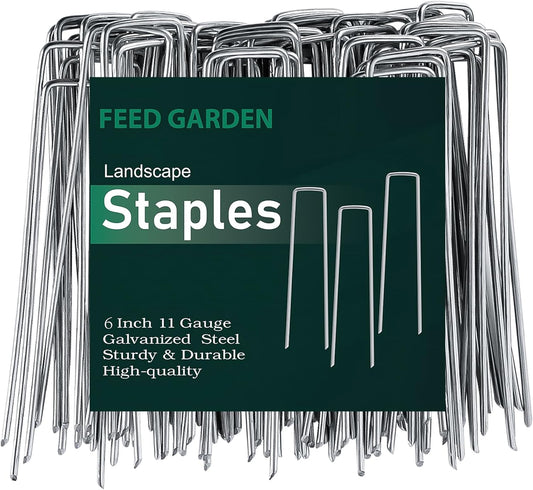 FEED GARDEN 6 Inch 100 Pack Galvanized Landscape Staples Plant Cover Stakes 11 Gauge Tent Stakes