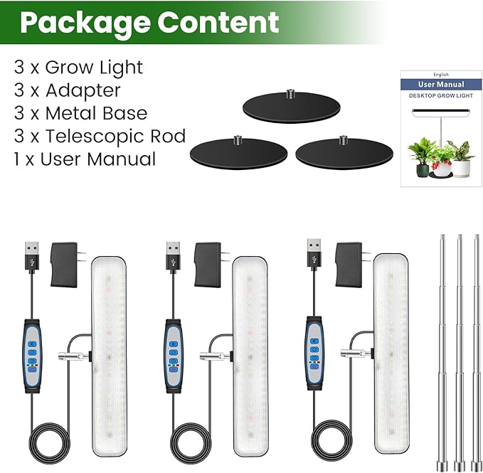 Plant Lights for Indoor Growing, Full Spectrum Grow Light 3 Pack with Base, 26 Inch Height