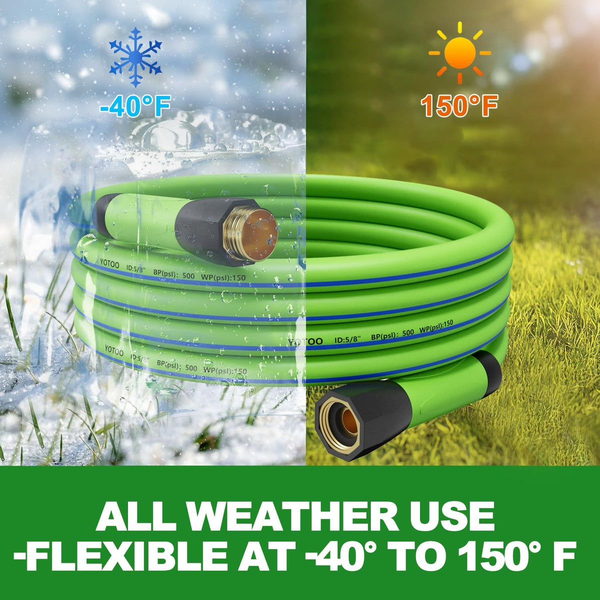 YOTOO Heavy Duty Hybrid Garden Hose 5/8-Inch by 50-Feet 150 PSI Water Hose, Kink Resistant