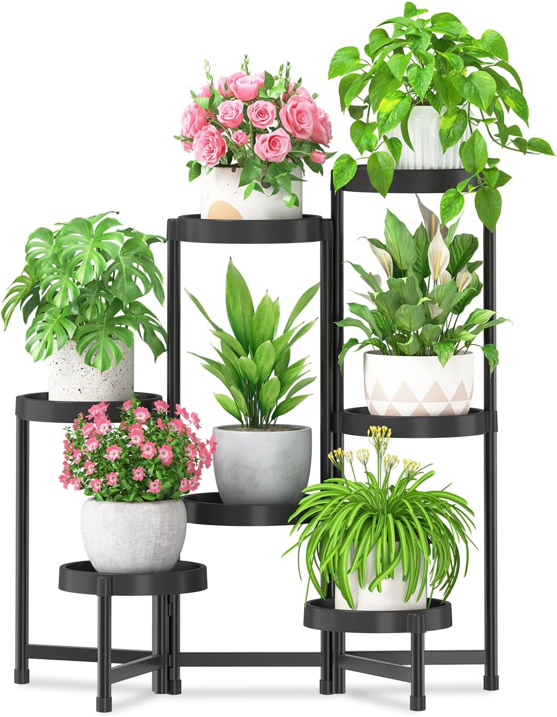 iDavosic.ly 7 Tier Folding Plant Stand Indoor Outdoor with Plastic Tray, Tiered Corner Flower