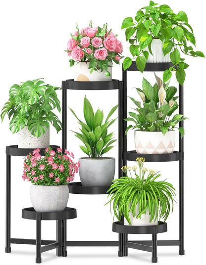 iDavosic.ly 7 Tier Folding Plant Stand Indoor Outdoor with Plastic Tray, Tiered Corner Flower