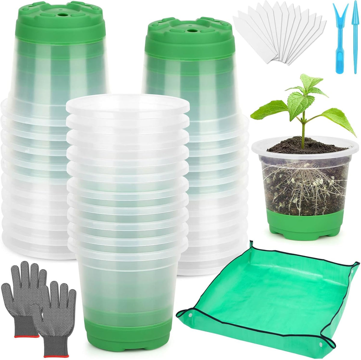 Caffox 55PCS Reusable Seed Starter Kit Includes 30 Packs 3.5" Clear Nursery Pots with Silicone