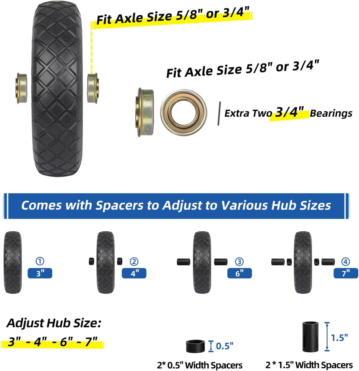 4.80/4.00-8" Wheelbarrow Tire, 16" Flat-Free Solid Tire and Wheel, 3-6" Centered Hub, 5/8" & 3/4"